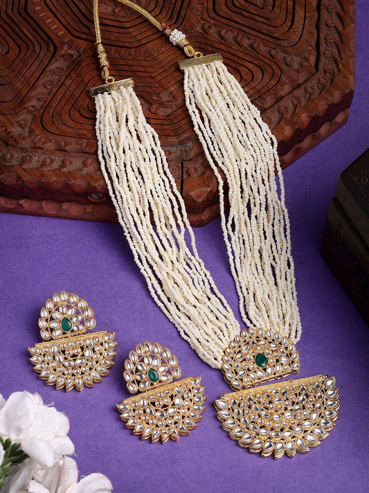 NVR Women's Gold Toned Green Stones & Kundan Studded Jewellery Set - Swadesiicart