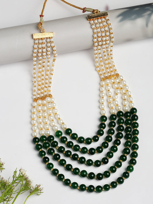 NVR Women Handcrafted Green & White Beaded Layered Necklace - Swadesiicart