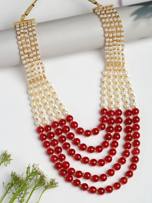 NVR Women Handcrafted Red & White Beaded Layered Necklace - Swadesiicart
