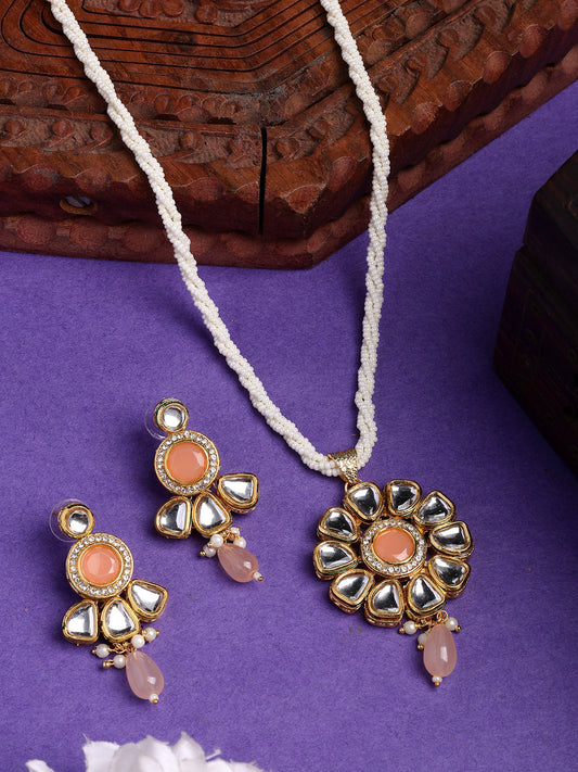 NVR Women Peach Stones with Kundan Studded Long Jewellery Set
