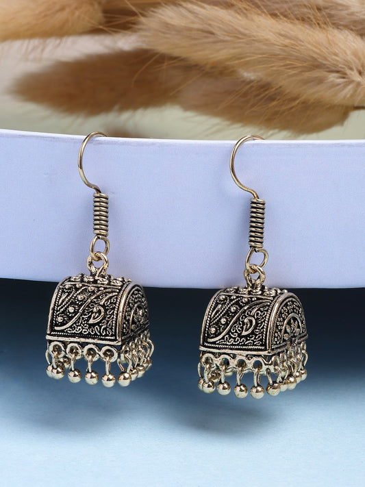 NVR Women Gold-Polished Oxidized Contemporary Jhumka Earrings