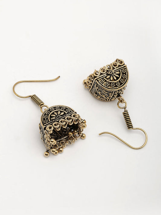 NVR Women Gold-Polished Oxidized Contemporary Jhumka Earrings