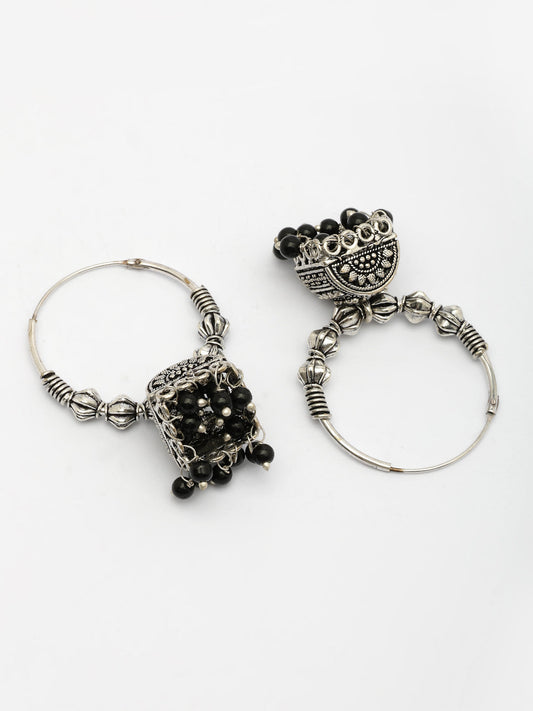 NVR Women Oxidized Silver Plated Black Artificial Beads Jhumka Earrings - Swadesiicart
