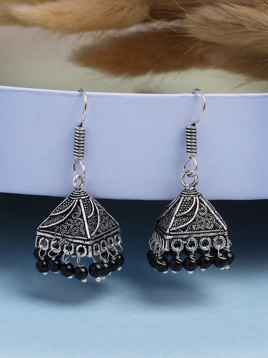 NVR Women's Oxidized Silver Plated Black Artificial Beads Jhumka Earrings | Swadesiicart