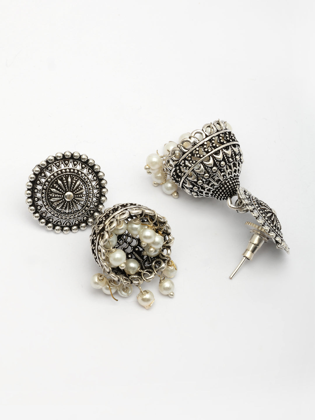 NVR Women's Oxidized Silver Plated White Artificial Beads Jhumka Earrings