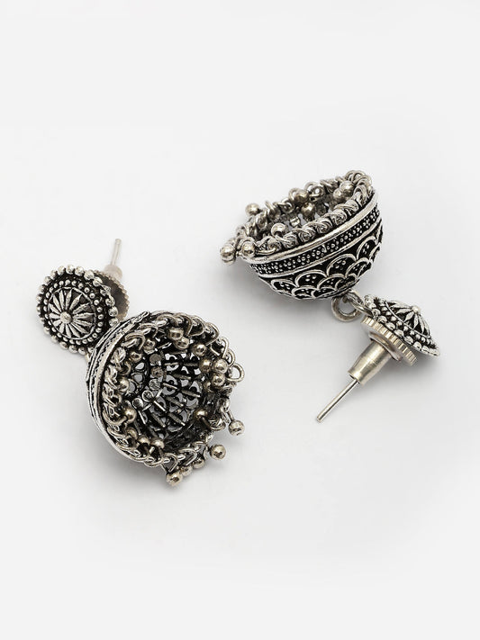 NVR Women Silver Plated Round Shape Oxidized Traditional Jhumka Earrings - Swadesiicart