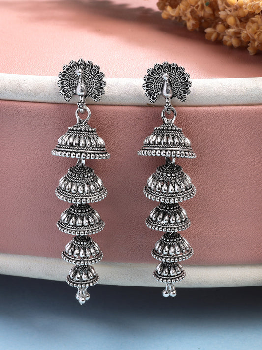 NVR Women Silver Plated Oxidized Peacock Design Layered Jhumka Earrings