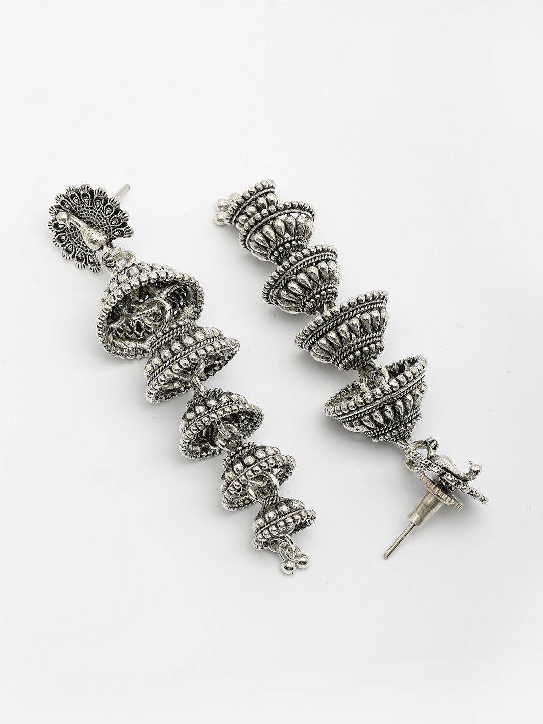 NVR Women Silver Plated Oxidized Peacock Design Layered Jhumka Earrings