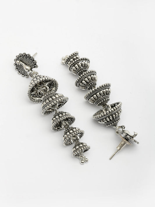NVR Women Silver Plated Oxidized Peacock Design Layered Jhumka Earrings - Swadesiicart