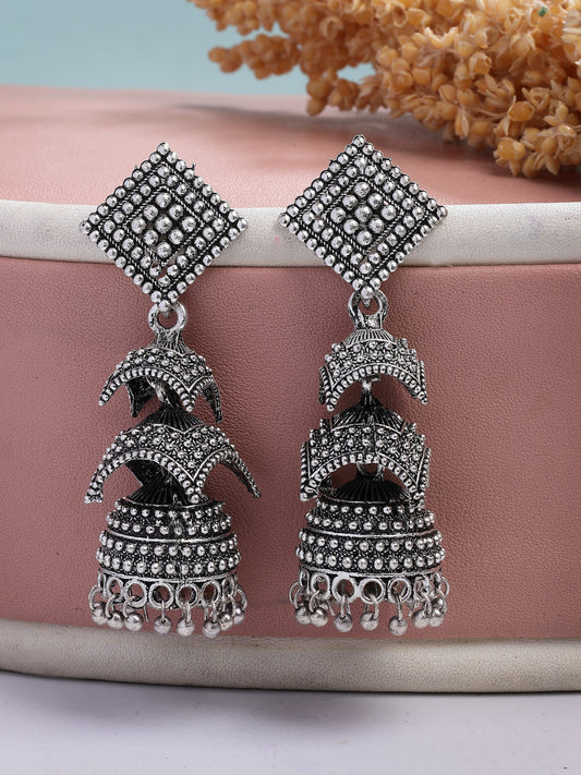 NVR Women's Traditional Oxidized Silver Plated Jhumka Earrings - Swadesiicart