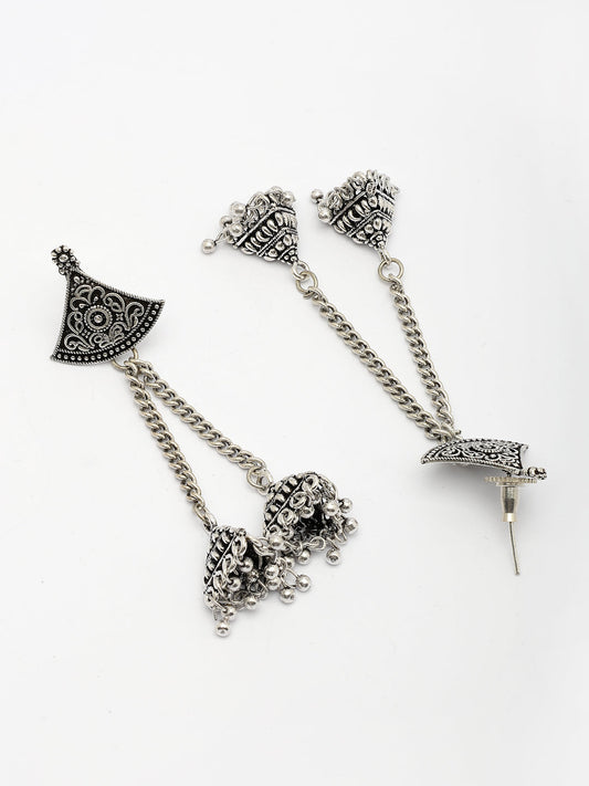 NVR Women Silver Toned Oxidized German Silver Jhumka Earrings - Swadesiicart