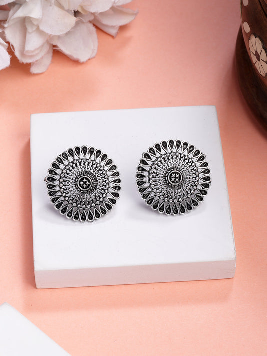 NVR Women Oxidized Silver Plated Round Shape Traditional Stud Earrings