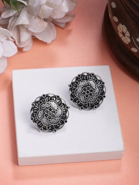 NVR Women's Silver Plated Oxidized Floral Design Stud Earrings - Swadesiicart