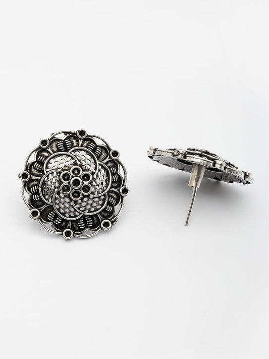 NVR Women's Silver Plated Oxidized Floral Design Stud Earrings - Swadesiicart