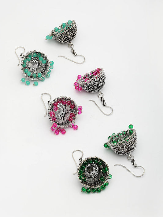 NVR Women Pair of 3 Oxidized Silver Plated Multicolor Artificial Beads Jhumka Earrings - Swadesiicart
