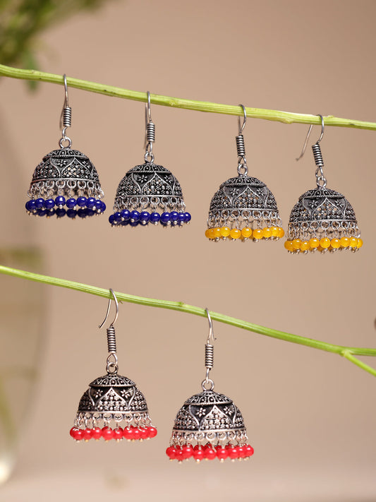 NVR Women's Pair of 3 Oxidized Silver Plated Multicolor Artificial Beads Jhumka Earrings