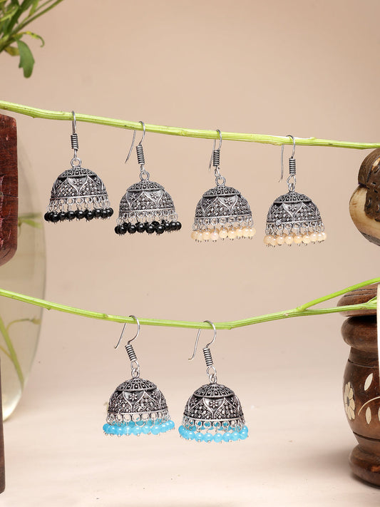 NVR Women Pair of 3 Multicolor Artificial Beads Oxidized Silver Plated Jhumka Earrings - Swadesiicart