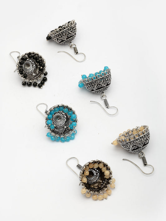 NVR Women Pair of 3 Multicolor Artificial Beads Oxidized Silver Plated Jhumka Earrings - Swadesiicart