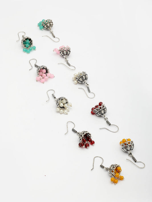 NVR Women's Pair of 5 Oxidized Silver Plated Multicolor Artificial Beads Jhumka Earrings