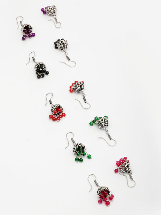 NVR Women Pair of 5 Oxidized Silver Plated Multicolor Artificial Beads Jhumka Earrings - Swadesiicart