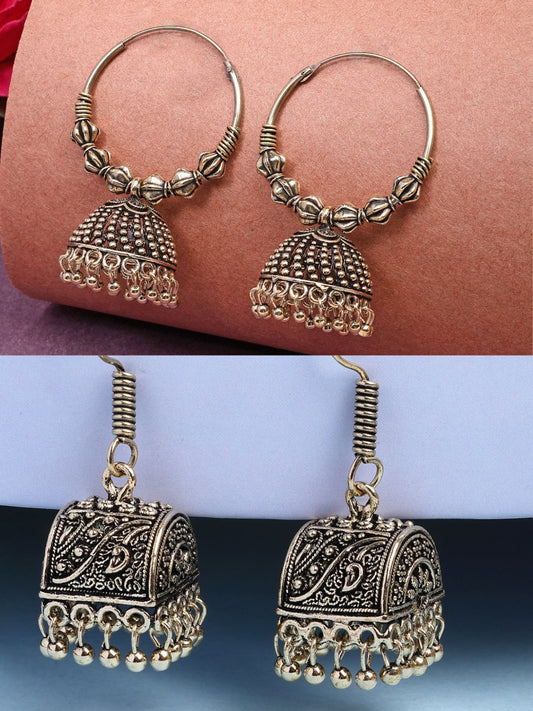 NVR Women Set of 2 Gold-Polished Oxidized Contemporary Jhumka Earrings - Swadesiicart