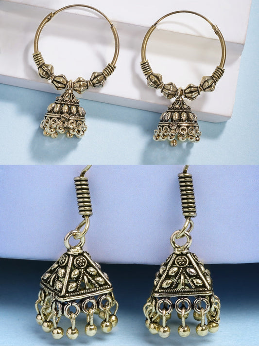 NVR Women's Set of 2 Traditional Gold-Polished Oxidized Jhumka Earrings - Swadesiicart