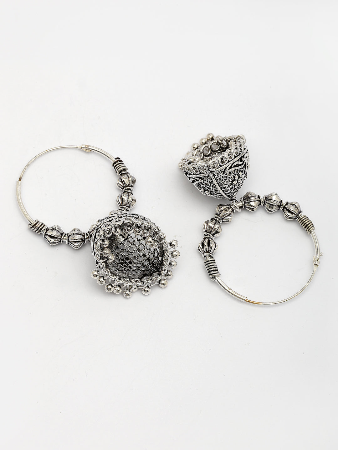 NVR Women's Set of 2 Silver Plated Oxidized Contemporary Jhumka Earrings