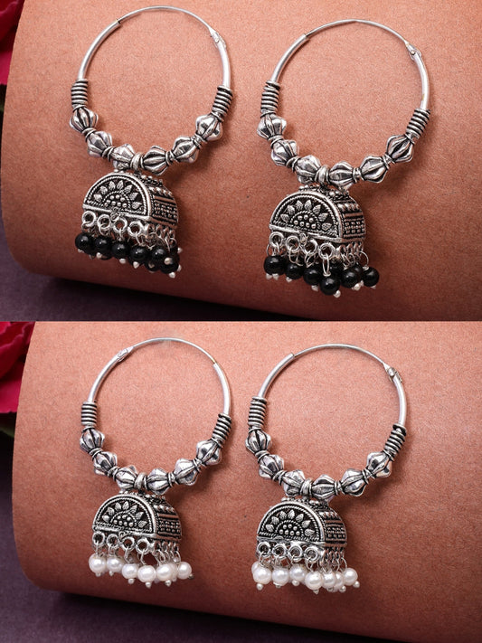 NVR Women Set of 2 Oxidized Silver Plated Artificial Beads Jhumka Earrings
