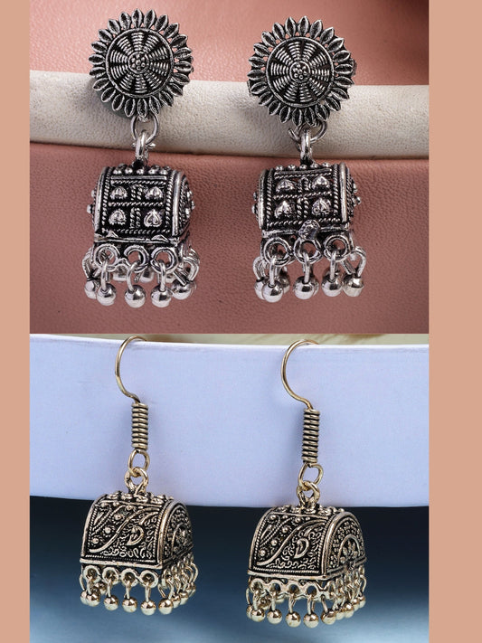 NVR Women Set of 2 Oxidized Contemporary Jhumka Earrings - Swadesiicart