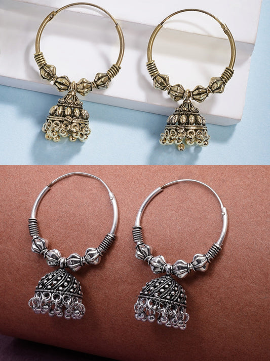NVR Women's Traditional Set of 2 Oxidized Jhumka Earrings | Swadesiicart