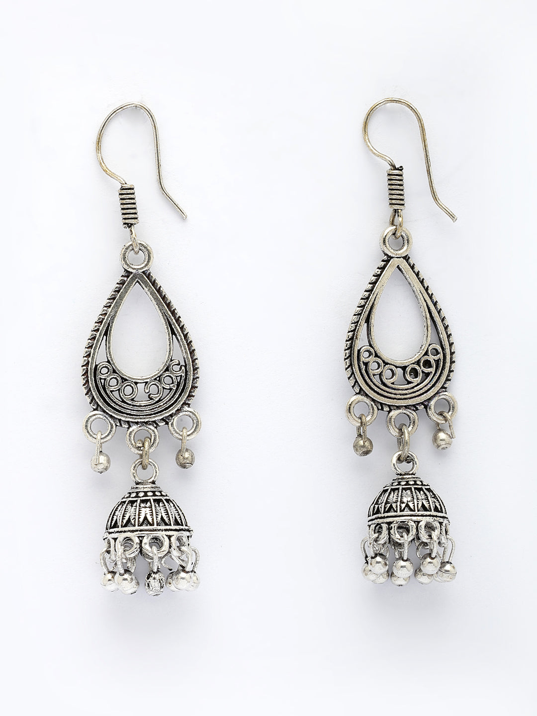 NVR Women Set of 3 German Silver Oxidized Traditional Jhumka Earrings