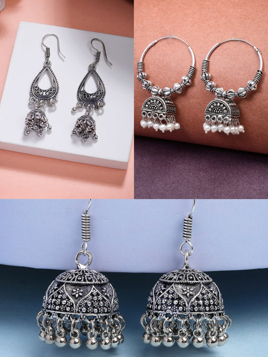 NVR Women Set of 3 German Silver Oxidized Traditional Jhumka Earrings