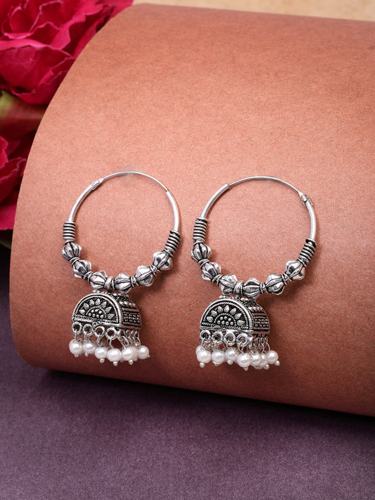 NVR Women Set of 3 German Silver Oxidized Traditional Jhumka Earrings