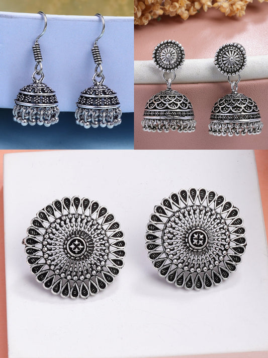 NVR Women Set of 3 Silver Plated Round Shape Oxidized Traditional Jhumka & Stud Earrings - Swadesiicart