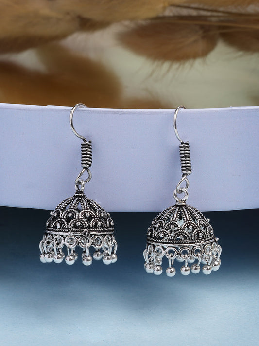 NVR Women Set of 3 Silver-Plated Oxidized Contemporary Jhumkas & Stud Earrings | Swadesiicart