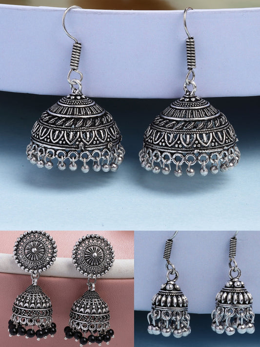 NVR Women's Set of 3 Traditional Silver Plated Oxidized Jhumka Earrings | Swadesiicart