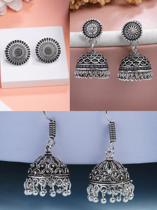 NVR Women Set of 3 Silver Plated Oxidized Traditional Jhumka & Stud Earrings | Swadesiicart
