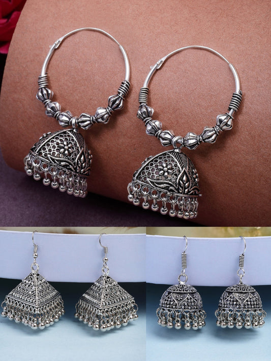 NVR Women's Set of 3 Silver Plated Oxidized Contemporary Jhumka Earrings | Swadesiicart