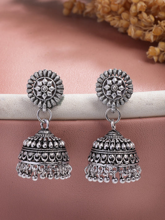 NVR Women Set of 3 Silver Plated Oxidized Traditional Jhumka Earrings