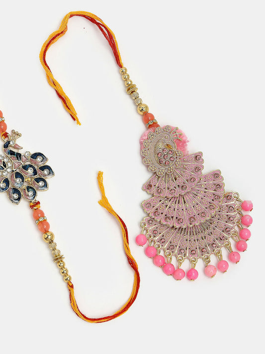 NVR Women & Men Set of 2 Multicolor Peacock Design Stone-Studded & Beaded Bhaiya Bhabhi Rakhi With Roli Chawal & Chocolate | Swadesiicart