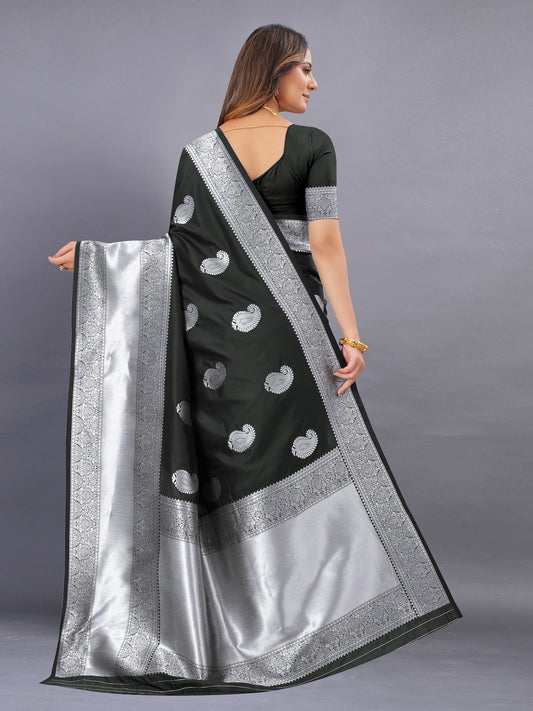 Vedant Vastram Soft Litchi Silk Banarasi Silk Saree - Black | Swadesiicart