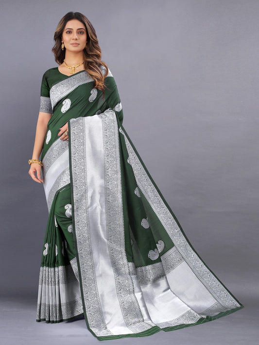 Vedant Vastram Soft Litchi Silk Banarasi Silk Saree - Mehndi | Swadesiicart