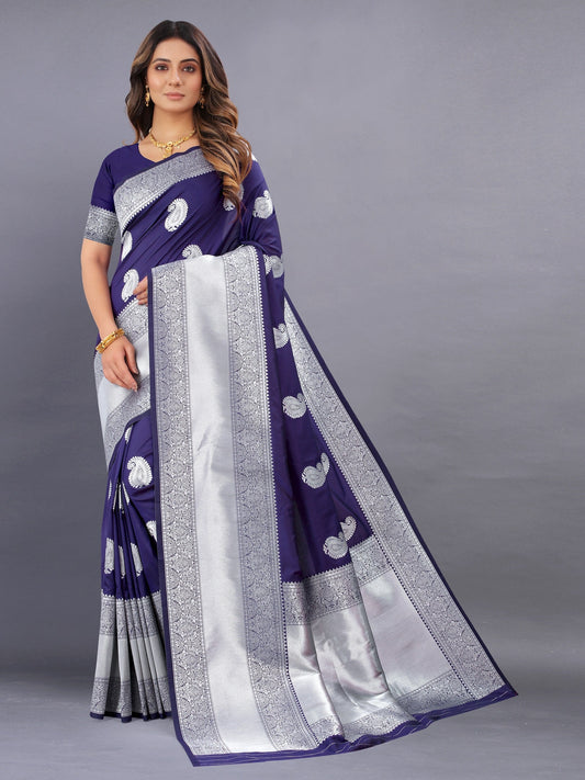Vedant Vastram Soft Litchi Silk Banarasi Silk Saree - Navy | Swadesiicart