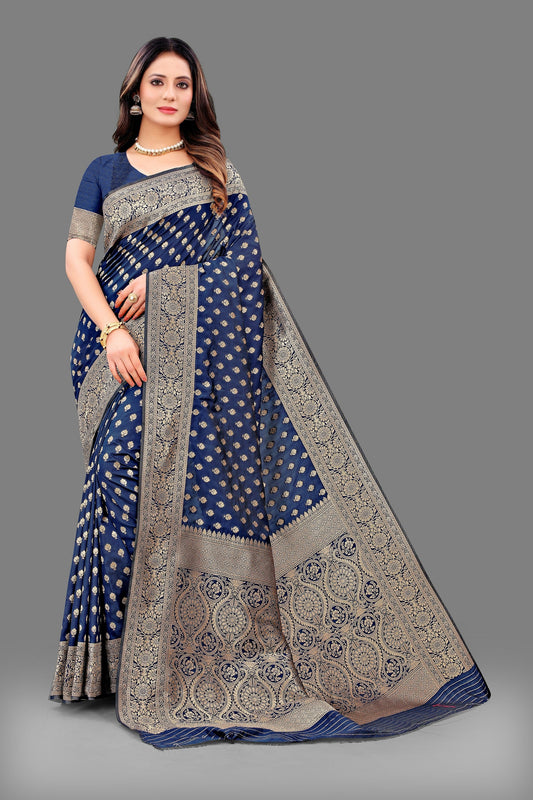 Vedant Vastram Soft Litchi Silk Banarasi Silk Saree - Navy | Swadesiicart