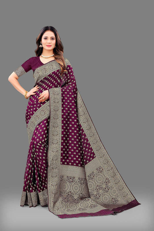 Vedant Vastram Soft Litchi Silk Banarasi Silk Saree - Wine | Swadesiicart