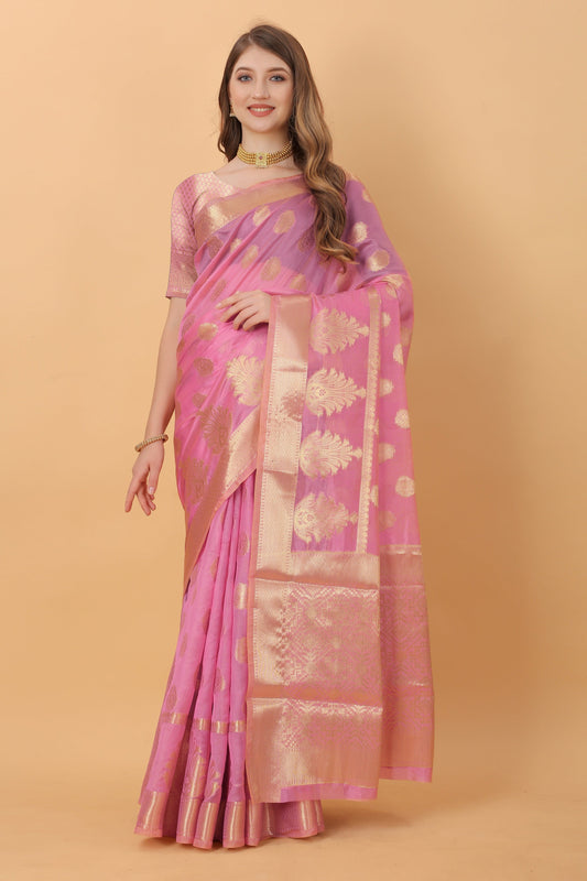 Vedant Vastram Organza Silk Banarasi Silk Saree - Pink | Swadesiicart