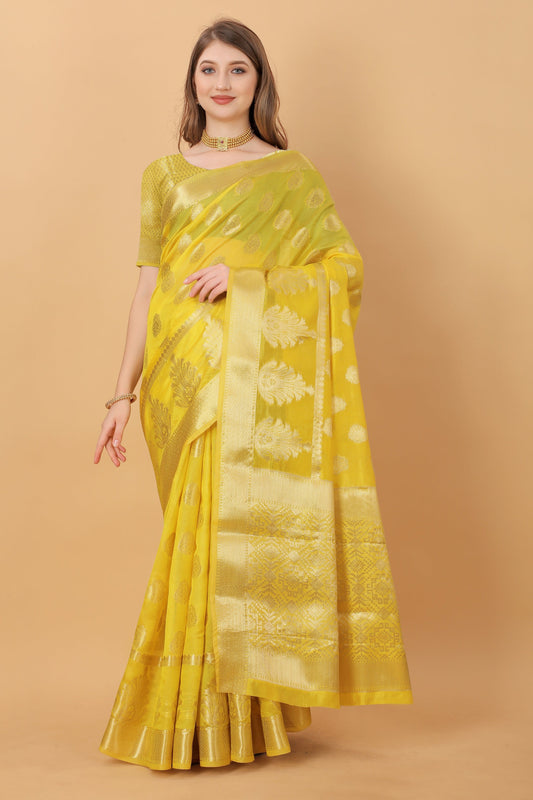 Vedant Vastram Organza Silk Banarasi Silk Saree - Yellow | Swadesiicart