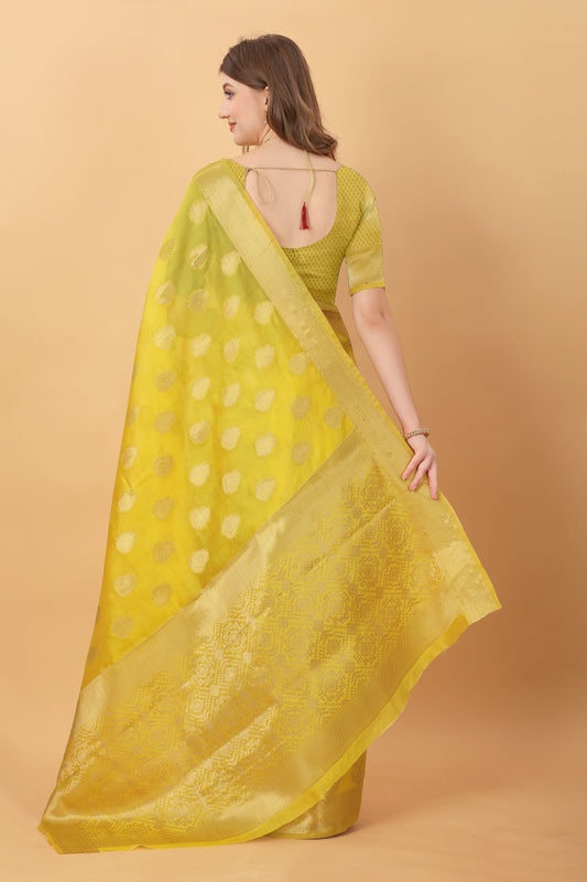 Vedant Vastram Organza Silk Banarasi Silk Saree - Yellow | Swadesiicart