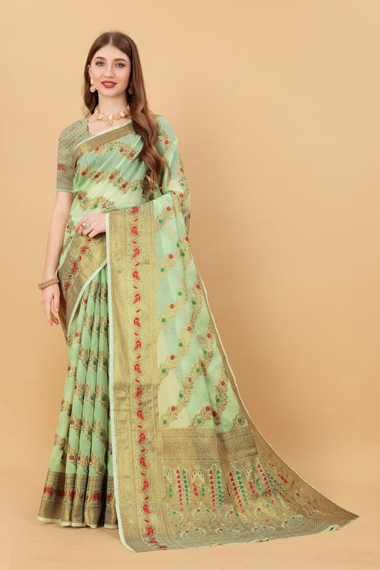 Vedant Vastram Soft Cotton Silk Banarasi Silk Saree - Pista | Swadesiicart