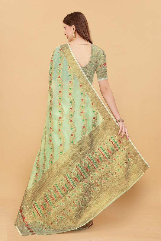 Vedant Vastram Soft Cotton Silk Banarasi Silk Saree - Pista | Swadesiicart
